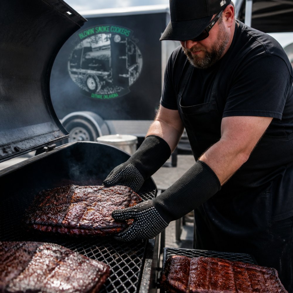 Professional pitmaster wearing heat-resistant gloves handling hot ribs on a smoker grate, demonstrating proper grip and hand positioning during a competition cook with smoke visible in the background