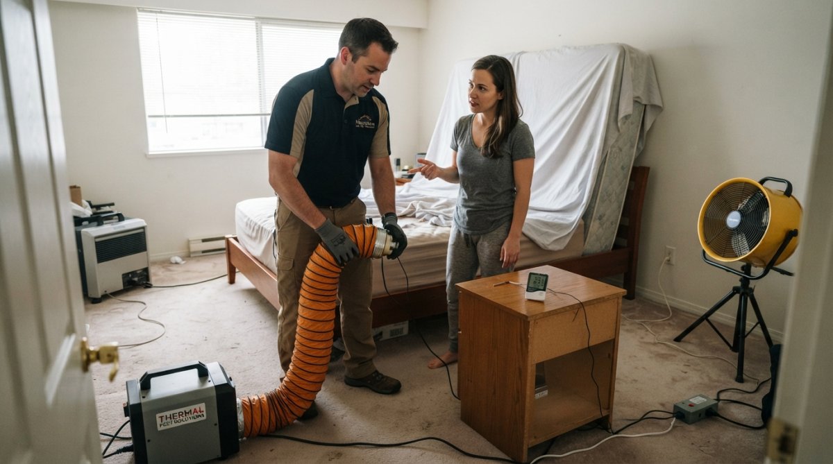 Professional technician setting up portable thermal heating equipment in a residential bedroom with temperature monitoring devices on nightstands, furniture staged away from walls, and industrial fans positioned for air circulation