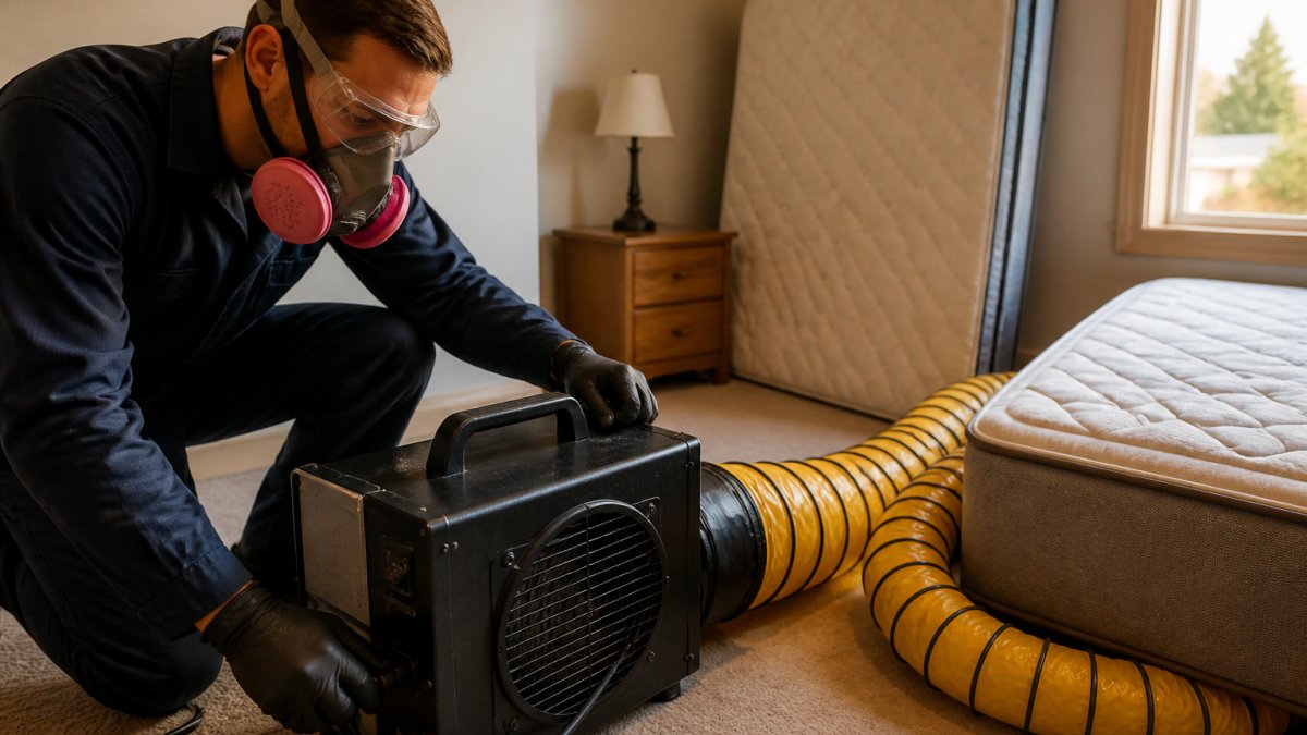A pest control technician in protective gear setting up a large industrial heater with flexible ducting in a residential bedroom, mattress and box spring leaning against a wall, professional equipment visible