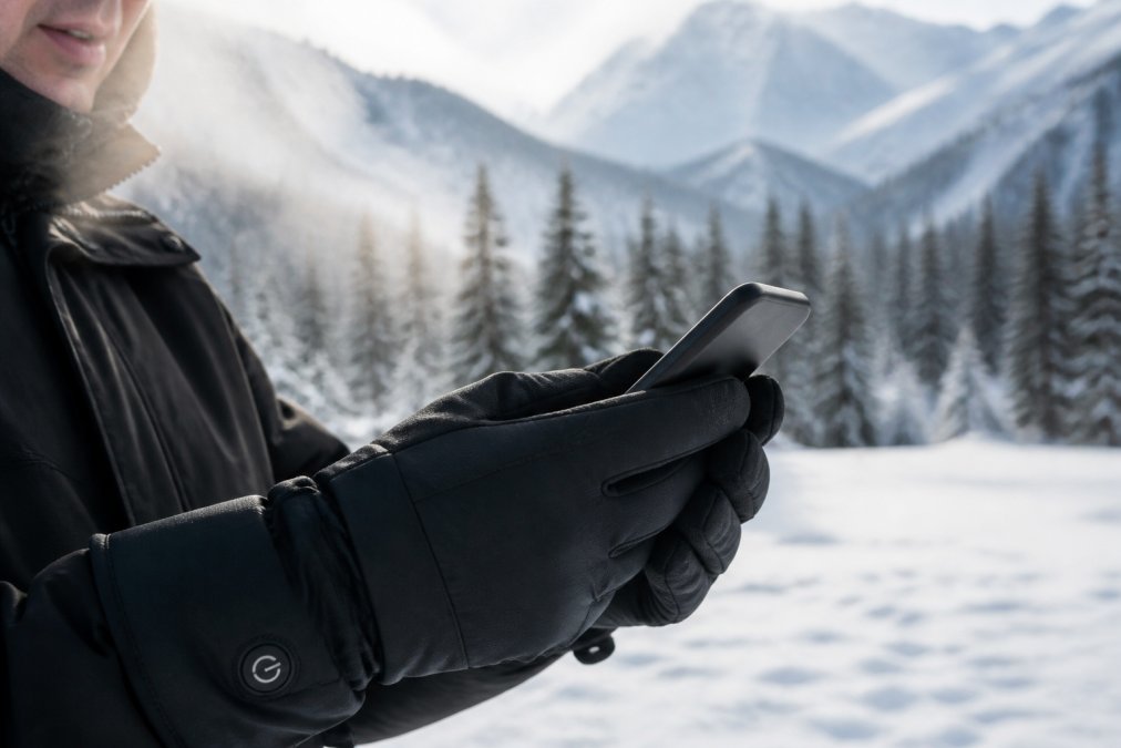 Close-up of a person's hands wearing black heated gloves, holding a smartphone, with a snowy outdoor background and visible cold breath