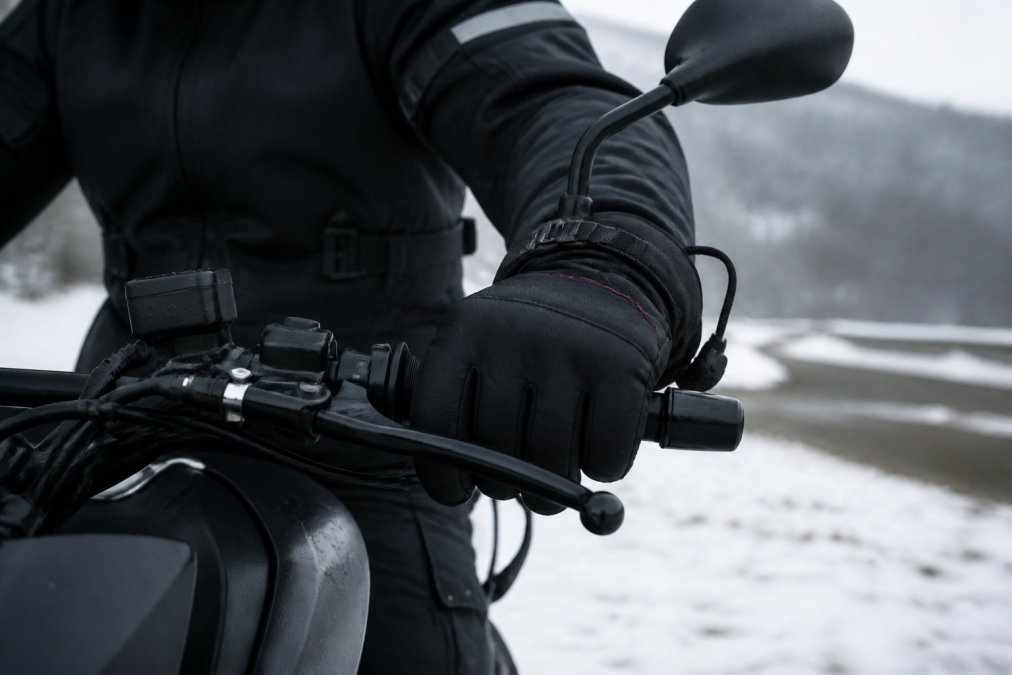 Close-up of a motorcyclist's hands gripping handlebars in cold winter conditions, wearing sleek black heated gloves with visible cuff adjustment and a subtle heating element wire