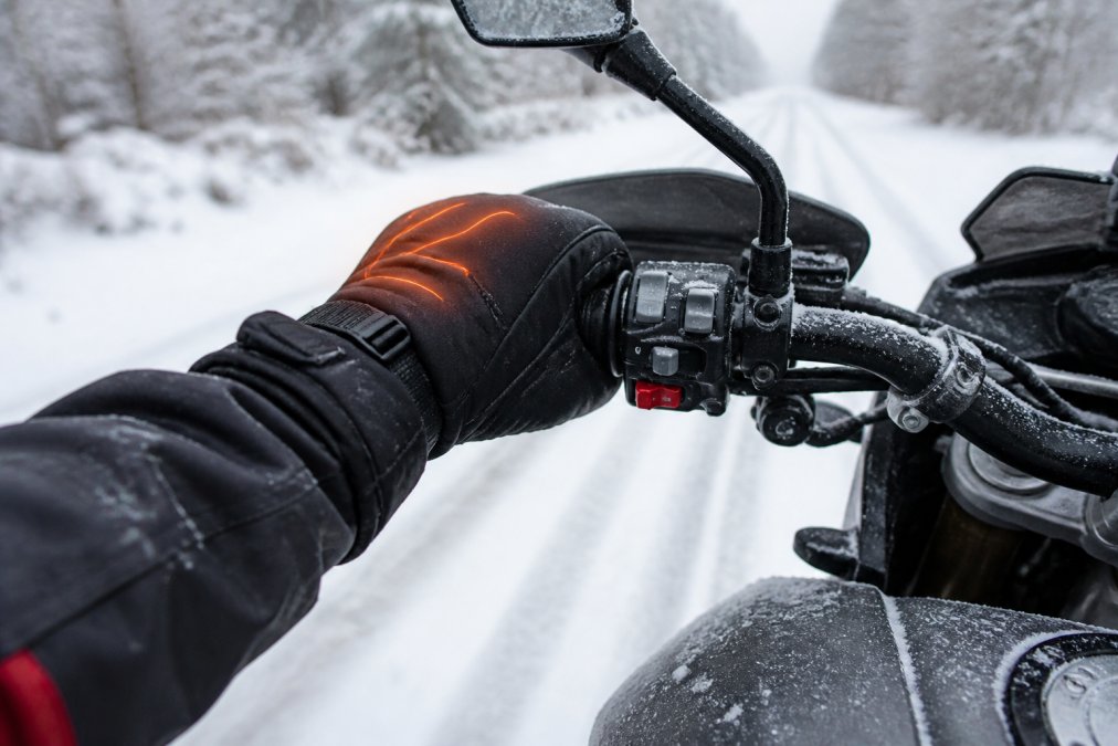 Close-up of a rider's gloved hands gripping motorcycle handlebars in snowy conditions, showing the contrast between the heated glove areas and the cold ambient environment, with frost visible on the handlebar controls