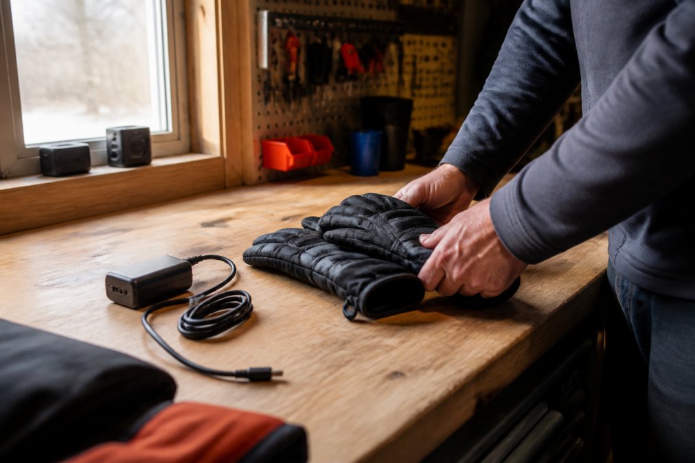 A rider's hands carefully placing heated gloves on a workbench next to a charging cable and battery pack, with a window showing daylight in the background, suggesting indoor charging preparation before a ride