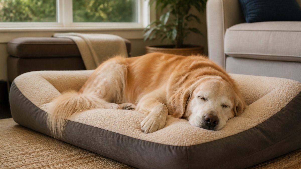 An older golden retriever peacefully resting on a plush orthopedic bed with visible memory foam support, in a cozy living room with warm natural lighting from a window