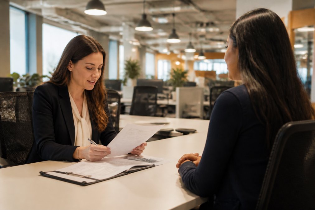 A recruitment consultant in a smart office reviewing CVs with a candidate seated across the desk, both engaged in a professional discussion, warm overhead lighting in a modern open-plan workspace