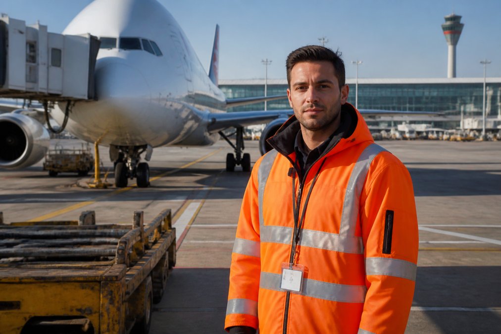 Airport ground crew member in a high-visibility orange jacket and ID lanyard standing near a wide-body aircraft on the tarmac, with terminal buildings and a control tower visible in the background under a clear morning sky
