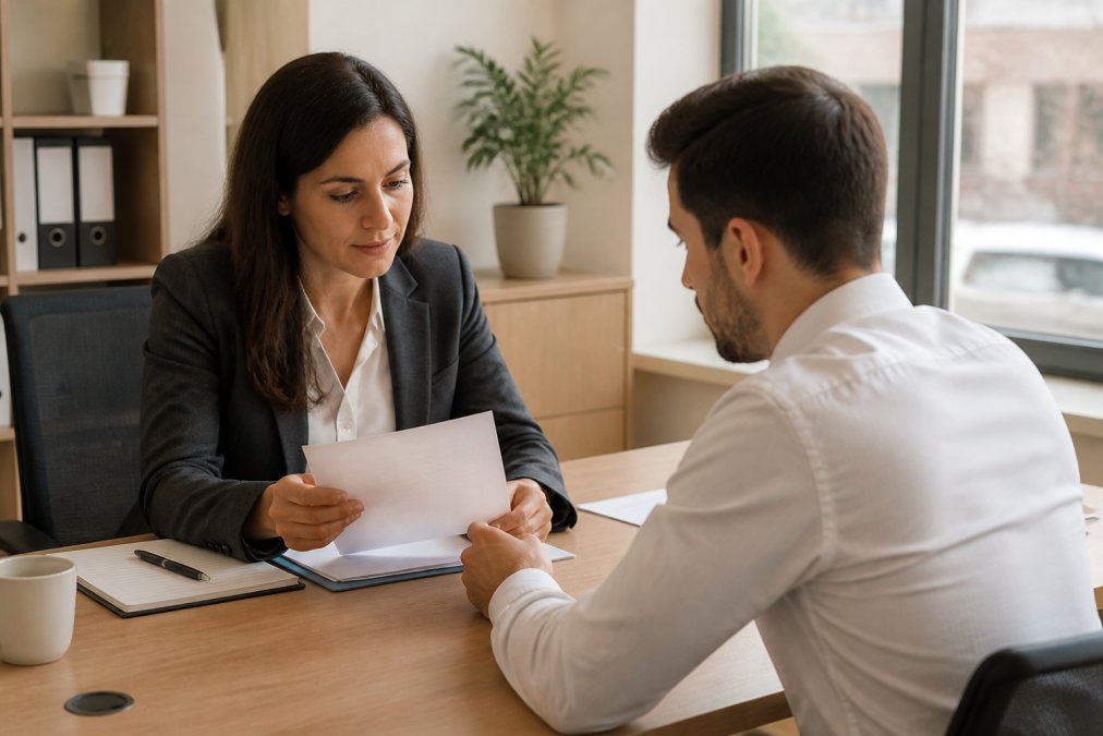 Recruitment consultant sitting across a desk from a job candidate, both reviewing documents in a professional office setting with warm office lighting