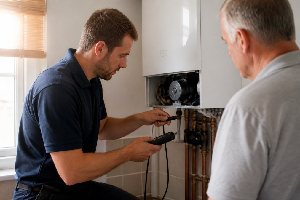 Professional heating engineer in uniform checking a gas boiler installation in a residential home, using diagnostic tools to inspect the system for safety and efficiency