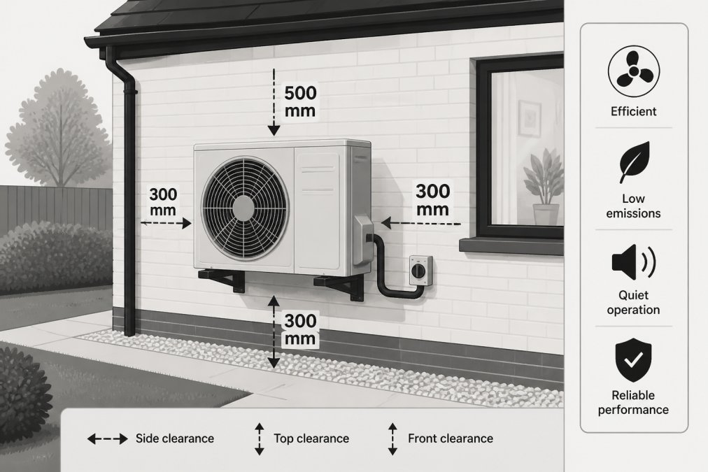 External air source heat pump unit mounted on the side of a brick residential property, showing the outdoor compressor component in a modern residential setting with clear airflow space