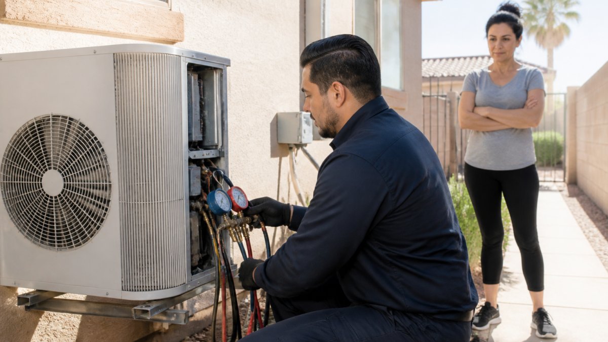 Professional HVAC technician in uniform inspecting a residential air conditioning unit mounted on exterior wall, with diagnostic tools visible and homeowner observing from background