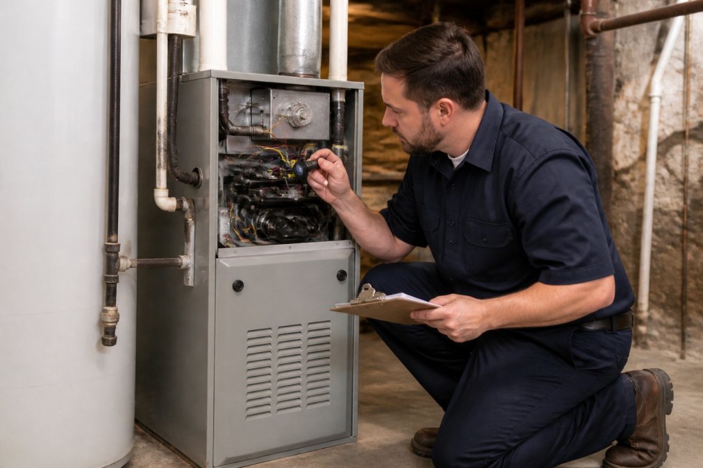 Licensed technician in uniform inspecting a residential heating system in basement, using diagnostic tools and clipboard to assess equipment
