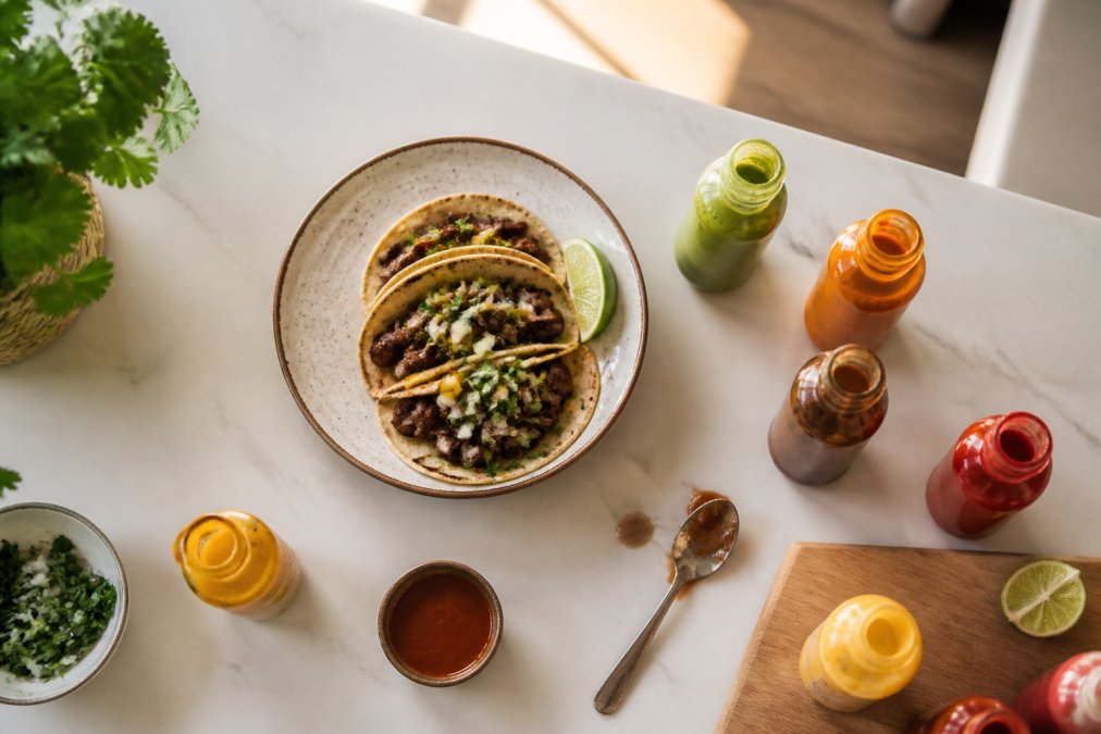 Overhead shot of a kitchen counter with several open hot sauce bottles of different colors, a tasting spoon, and a plate of tacos, natural window light