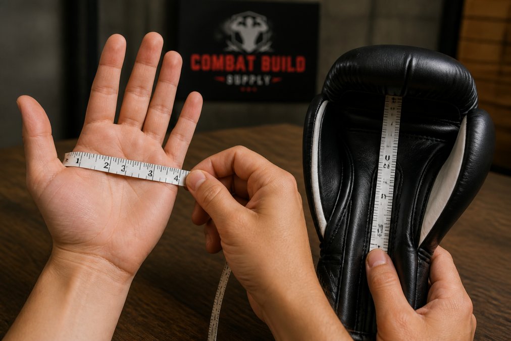 Close-up of hands being measured with a soft tape measure showing palm width across knuckles and finger slot depth inside a boxing glove during fitting