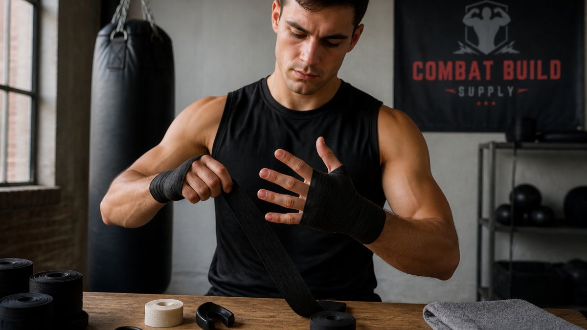Professional boxer wrapping hands with boxing hand wraps, close-up of fingers and knuckles being secured with layers of cloth wrap, proper wrist support visible in bright training facility lighting
