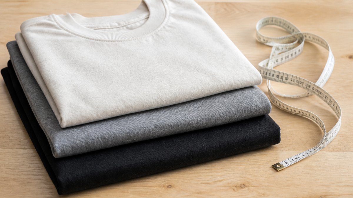 Flat lay of three folded cotton T-shirts of visibly different thickness and drape on a light wooden surface, with a fabric tape measure resting beside them