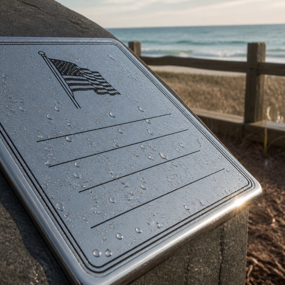 Close-up of polished aluminum memorial plaque mounted outdoors showing pristine surface finish with water droplets beading on the protective coating, coastal environment with weathered wood fence and ocean light in background