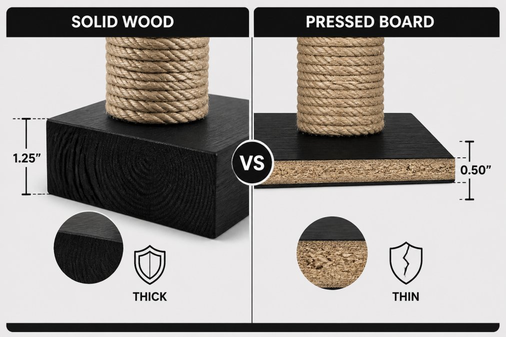 Close-up side-by-side comparison of a thick solid wood scratching post and a thinner pressed-board panel, showing the difference in material thickness and texture