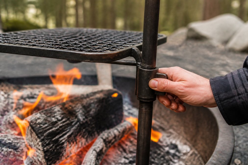 Close-up of an adjustable carbon steel campfire grill positioned over active flames with orange and yellow fire visible beneath, showing the height adjustment mechanism with someone's hand turning the locking collar to raise the grate higher above the coals