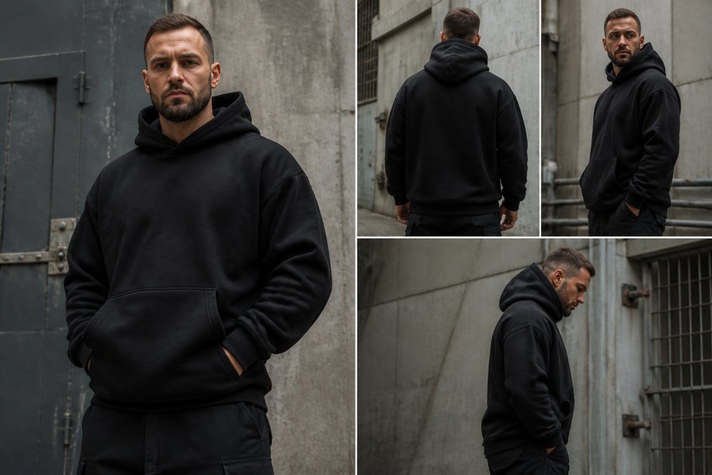 A man in his 30s wearing a heavyweight black hoodie with a relaxed fit, standing in an urban industrial setting with concrete wall and steel door, looking confident and direct, thick structured fabric visible