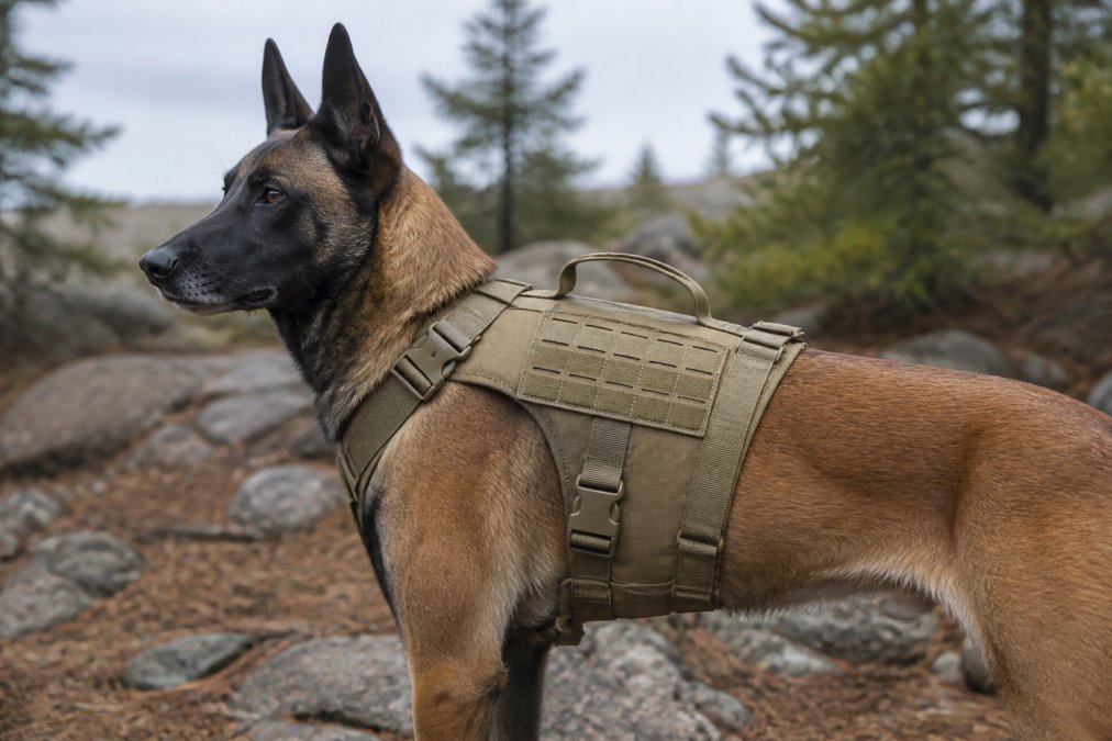 Tactical harness with MOLLE panel and top grab handle, side view