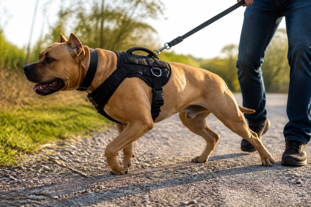 Large muscular dog wearing reinforced tactical harness with visible metal hardware during walk on sunny day, demonstrating proper fit and control