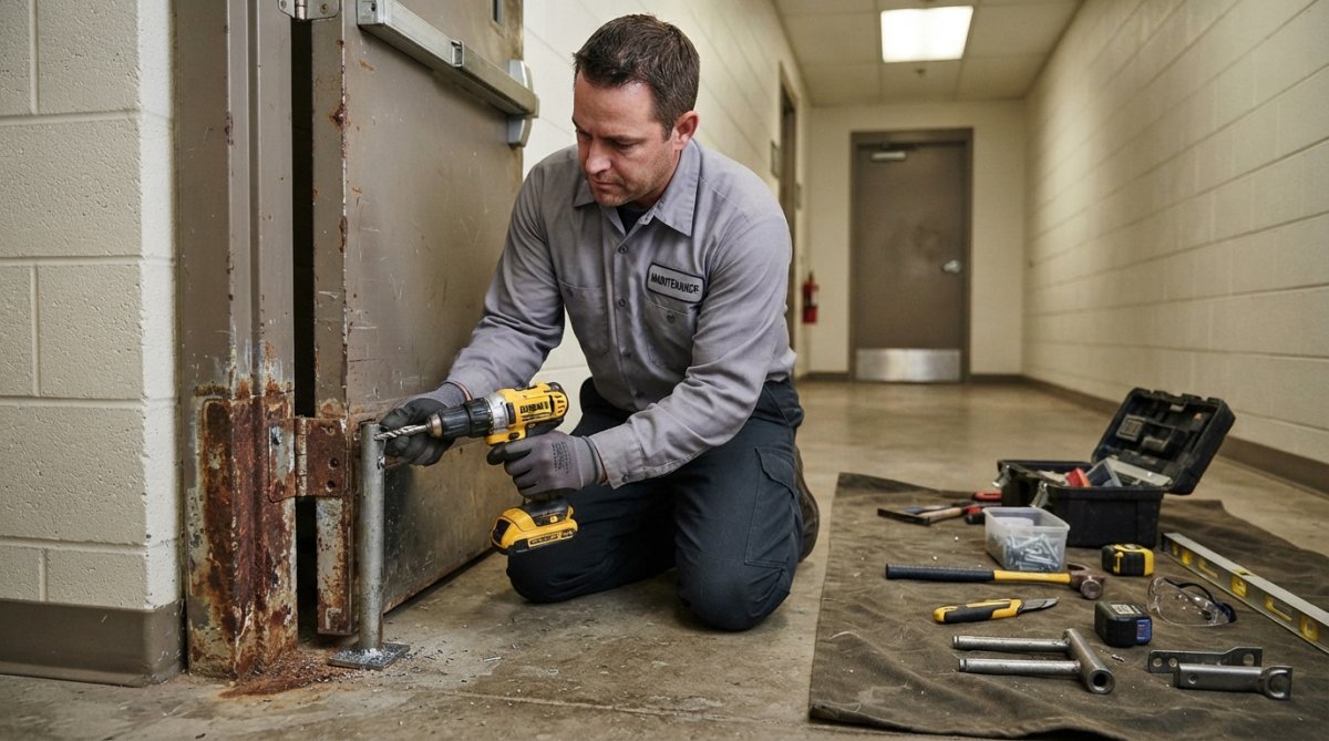 Technician using a power drill to install a heavy-duty door frame anchor into a commercial metal door jamb.