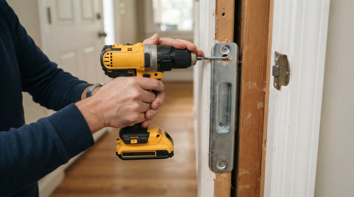 Hands installing a galvanized steel strike plate on a wooden door frame with a power drill, showing the mounting holes being drilled and fasteners being secured into the structural framing