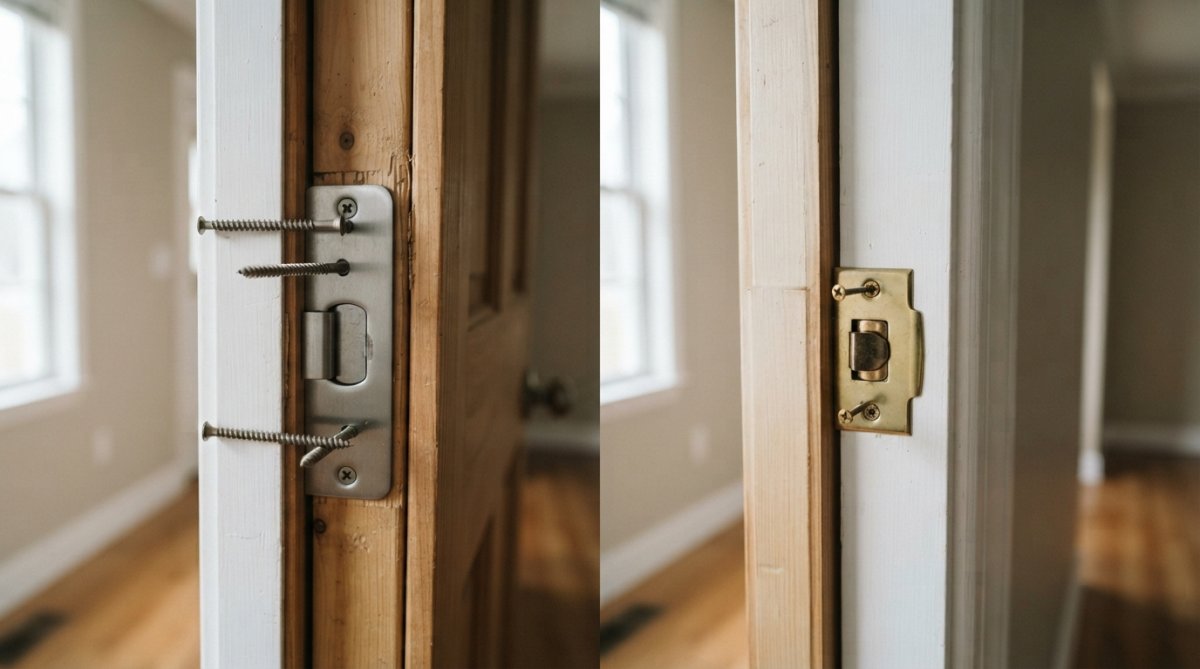 Reinforced door frame with heavy duty strike plate hardware showing deep screw penetration and structural anchoring, contrasted with a standard door frame showing shallow fasteners