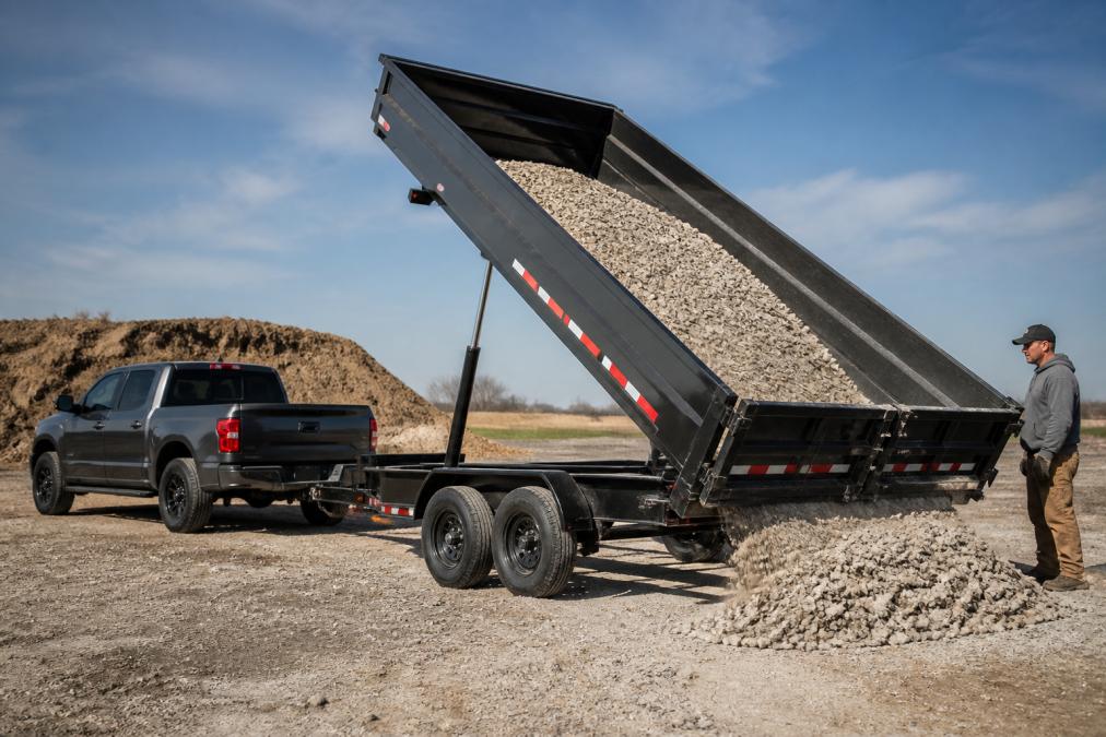 Contractor standing near a heavy duty dump trailer unloading gravel at a busy job site