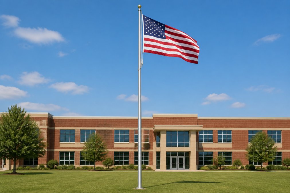 A tall aluminum flagpole standing in front of a school building on a sunny day, American flag flying at full height against a clear blue sky, green lawn and brick facade visible in the background