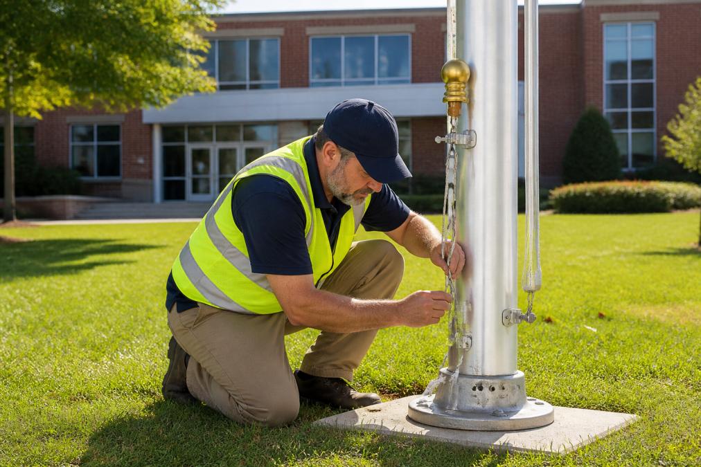 A facilities manager in a high-visibility safety vest kneeling at the base of a commercial flagpole on school grounds, examining the rope halyard and base hardware in morning light, school building visible in the background