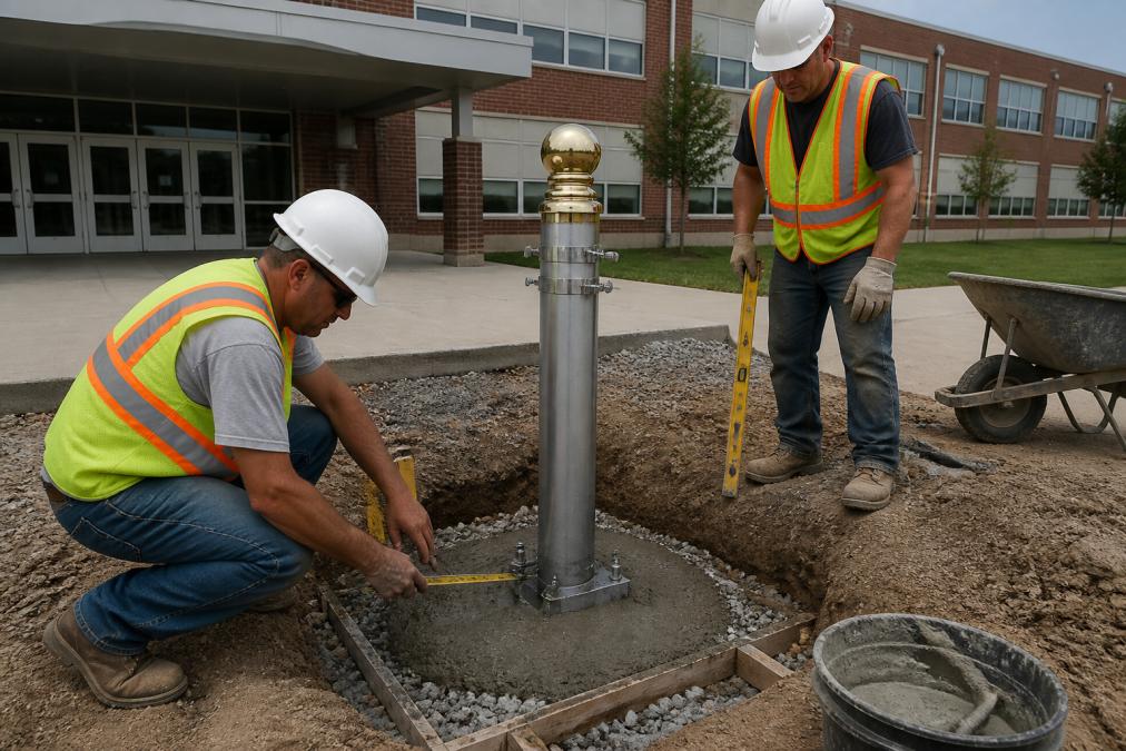 Professional crew installing heavy duty flagpole ground sleeve and foundation system at school entrance, showing concrete foundation work, metal sleeve insertion, and measuring tools in bright daylight