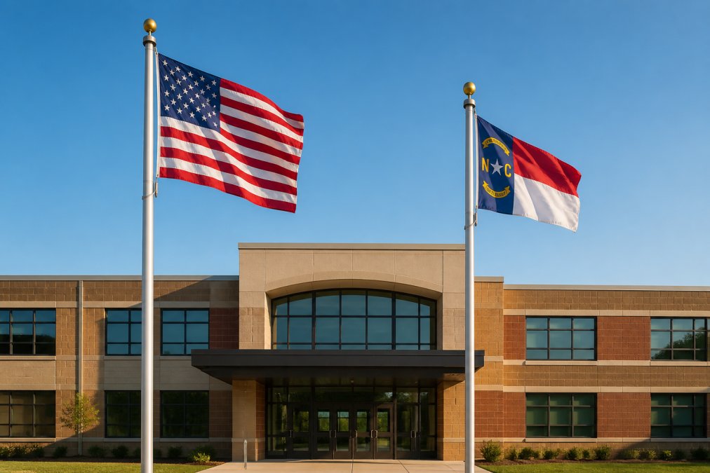 School building entrance with both US flag and state flag properly displayed on adjacent poles, state flag slightly smaller and positioned to the right, morning sunlight illuminating both flags clearly