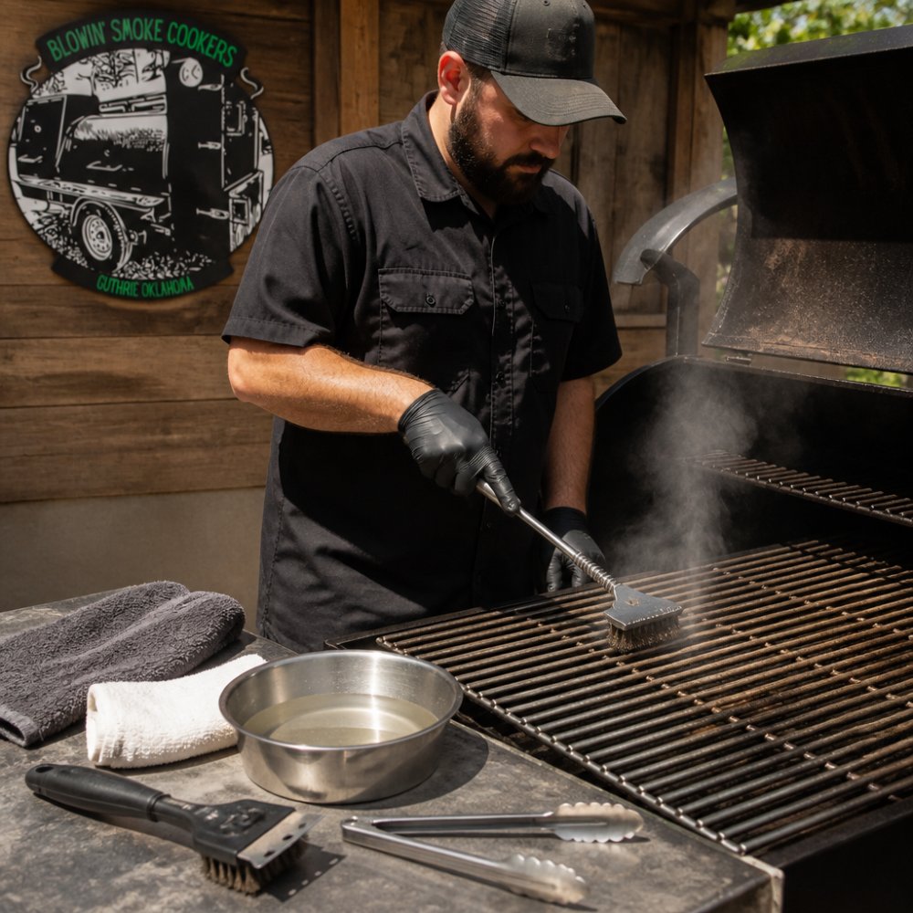 Professional using heavy-duty grill brush on stainless steel grates, scrubbing away baked-on residue with visible steam rising, warm afternoon lighting