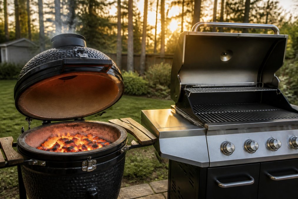 Close-up of charcoal glowing bright orange inside a ceramic kamado grill dome, with smoke curling out of the top vent in a backyard setting during golden hour