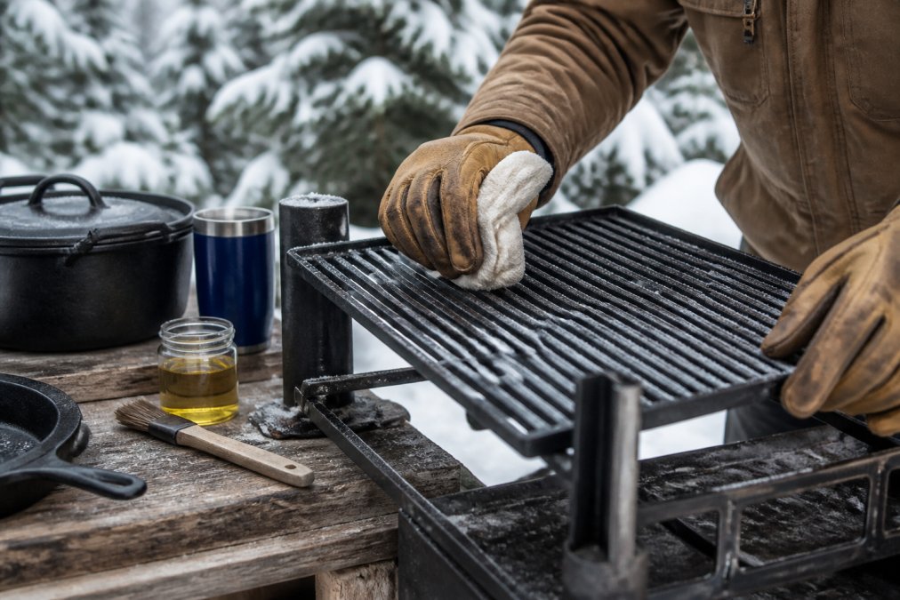 Close-up of weathered hands wearing work gloves applying protective mineral oil to cast iron grates with visible frost on the metal surface, snow-covered evergreen trees blurred in the background