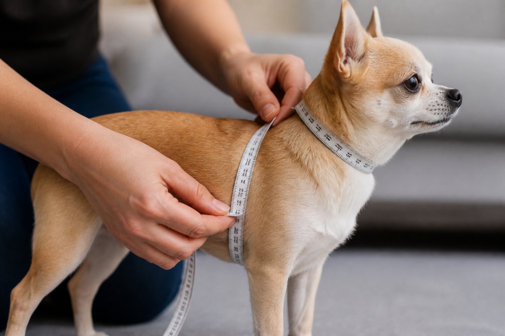 Diagram illustrating how to measure a dog’s neck and chest for a secure harness fit
