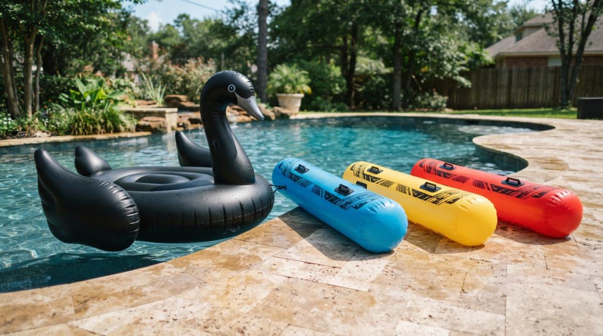 A sunny backyard pool with several inflatables floating on the water, including a large black swan lounger and colorful battle logs, with green trees in the background