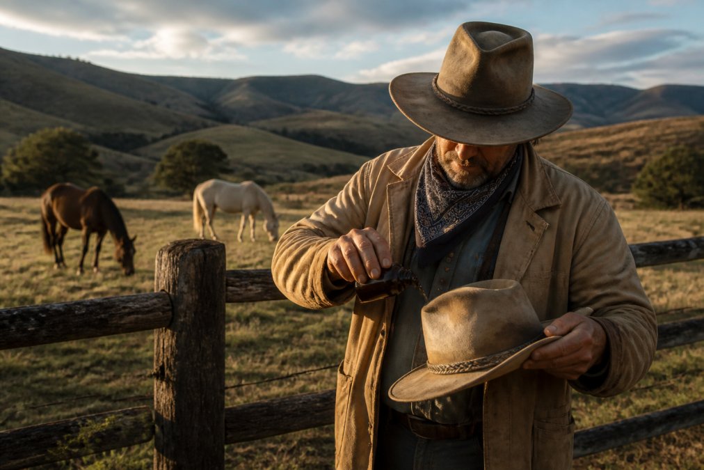 A farmer in a canvas jacket and brimmed hat standing at a fence line, applying insect repellent from a small bottle to the hat bill and bandana, with horses grazing in the background