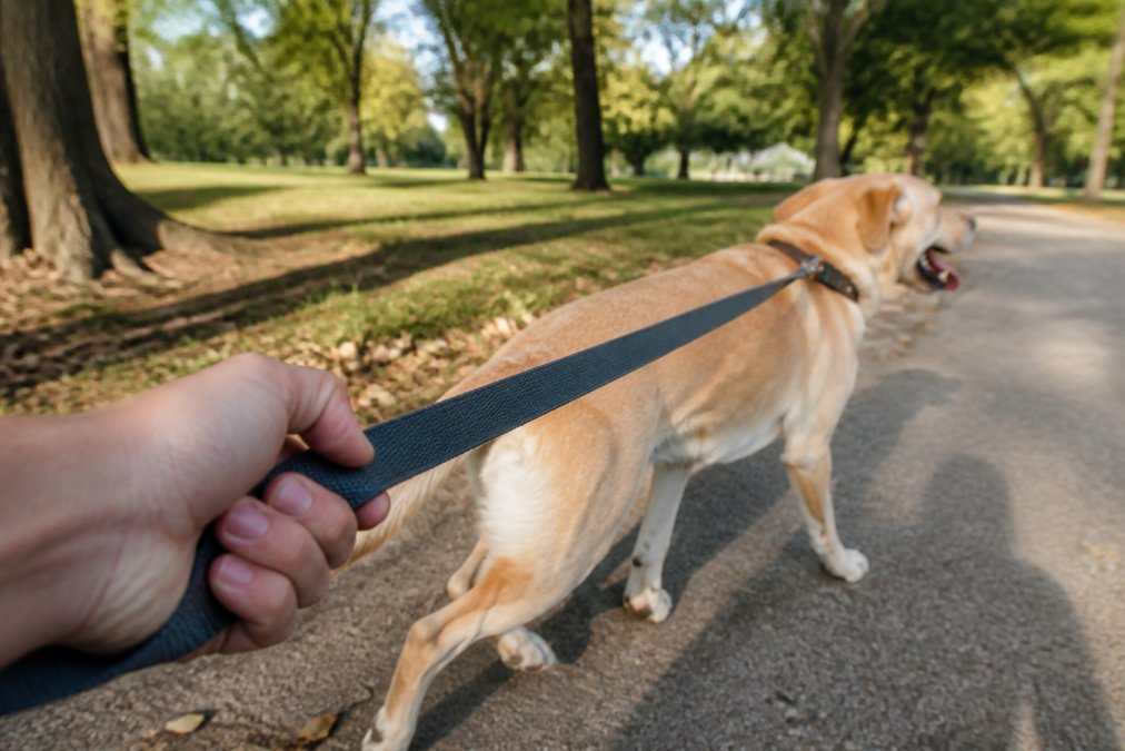 A close-up of a dog owner's hand gripping a thick nylon leash, the strap taut with tension as a large dog pulls forward in a sunny park