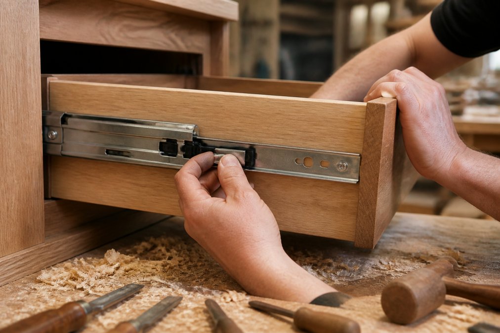 Close-up of a joiner's hands testing the locking mechanism on a heavy duty drawer slide mounted in a workshop cabinet, with wood shavings and hand tools visible under warm workshop lighting