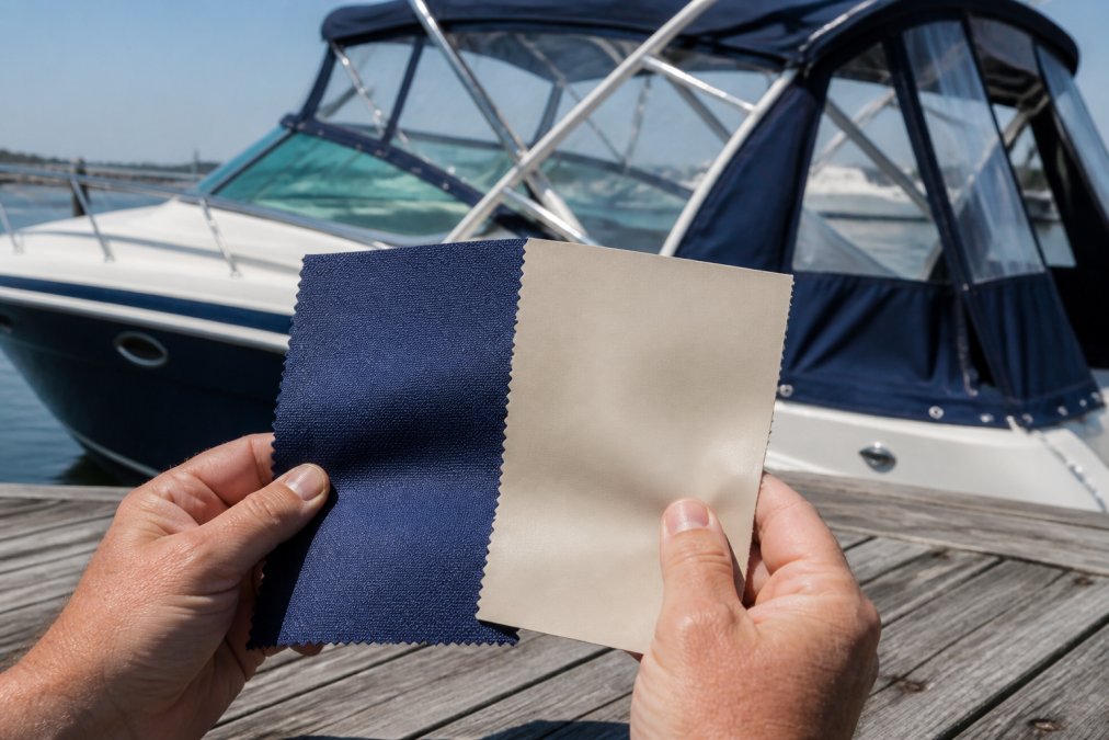 Hands holding solution-dyed acrylic and vinyl samples for marine canvas enclosures on a sunny boat dock