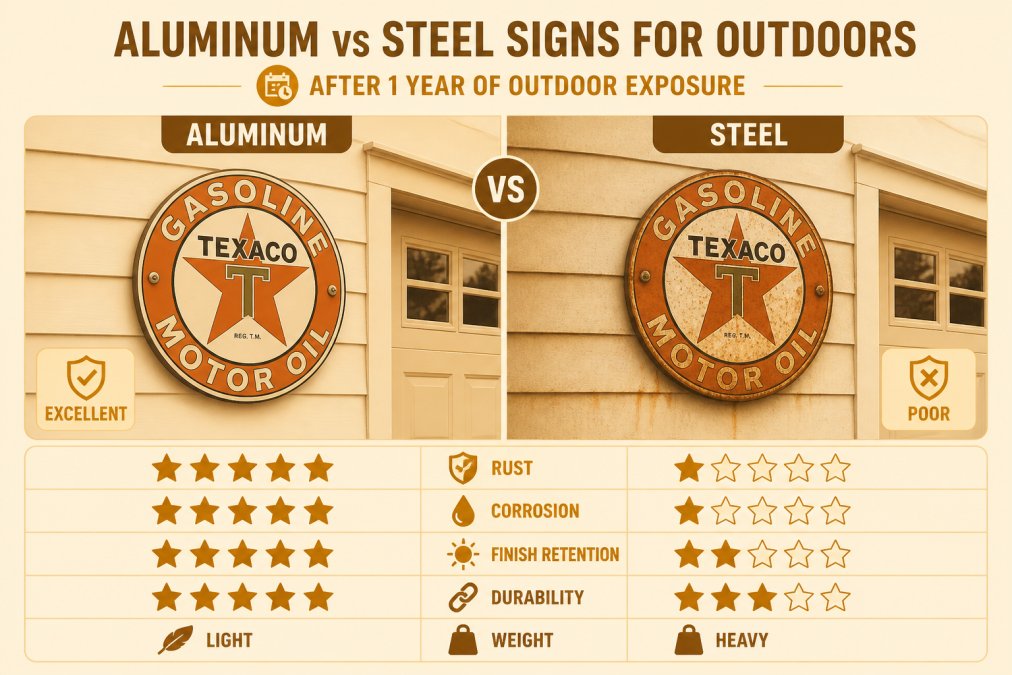 Side-by-side mounted aluminum and steel metal signs on a residential garage exterior, showing weathering patterns and finish quality after one year of outdoor exposure