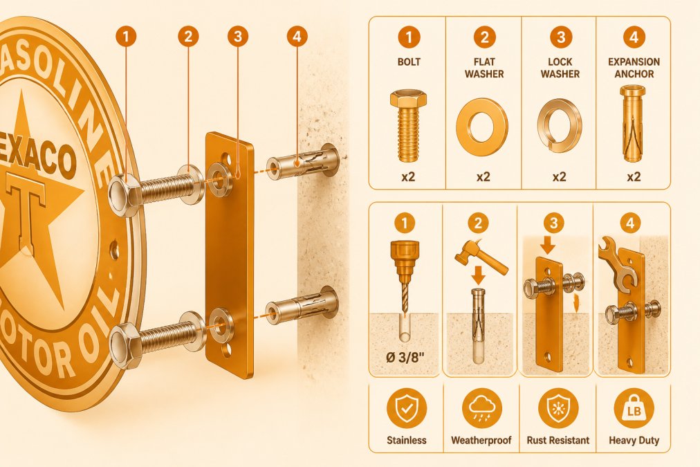 Close-up detail of stainless steel bolts, washers, and expansion anchors being installed on a metal sign mounting bracket, showing proper fastener placement and hardware assembly