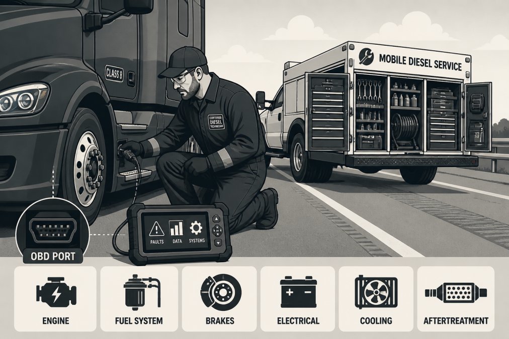 A certified diesel technician in work coveralls connecting a diagnostic scanner to the OBD port of a Class 8 semi-truck on a highway shoulder in afternoon light, with a fully equipped service truck parked behind showing open tool compartments and equipment racks