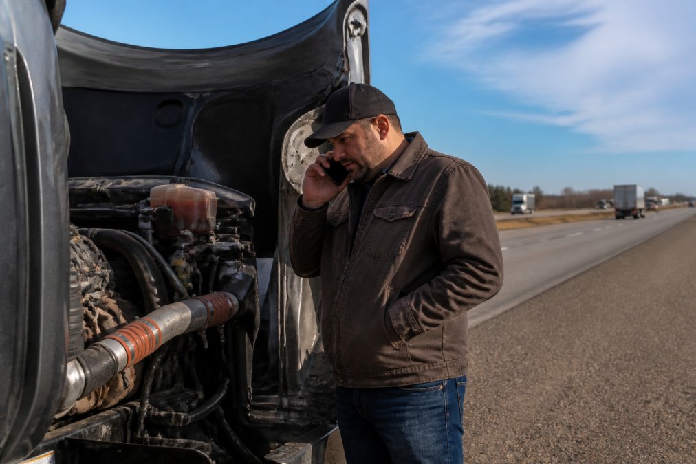 An owner-operator in a work jacket standing beside a stranded semi-truck on a highway shoulder in daylight, talking on a cell phone while looking at the open hood of the truck's engine compartment, highway visible in the background