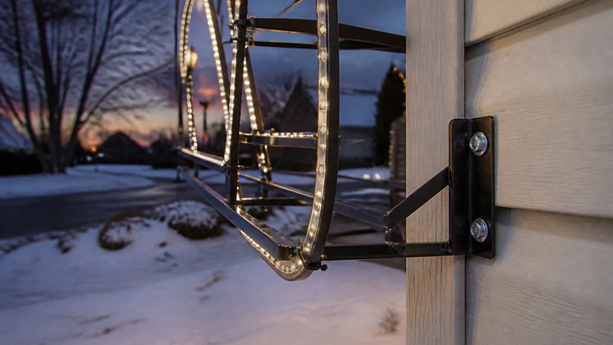 Close-up of a powder-coated metal light frame secured to a home's exterior wall with heavy-duty mounting brackets and anchors, snow on the ground and a winter evening sky behind it