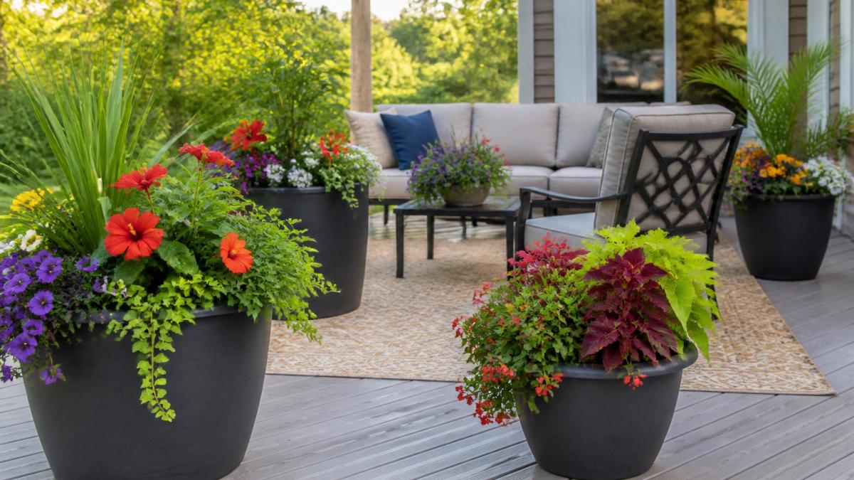 A vibrant residential patio with multiple large plastic planters of varying sizes filled with colorful flowers and lush greenery, arranged around a comfortable seating area with natural afternoon sunlight