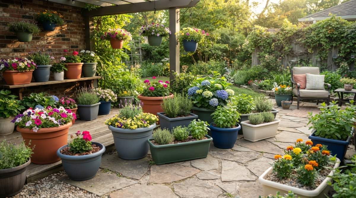 Residential patio displaying multiple colorful heavy duty plastic planters with thriving flowering plants and herbs in various sizes, arranged across sunny and shaded areas with natural afternoon lighting