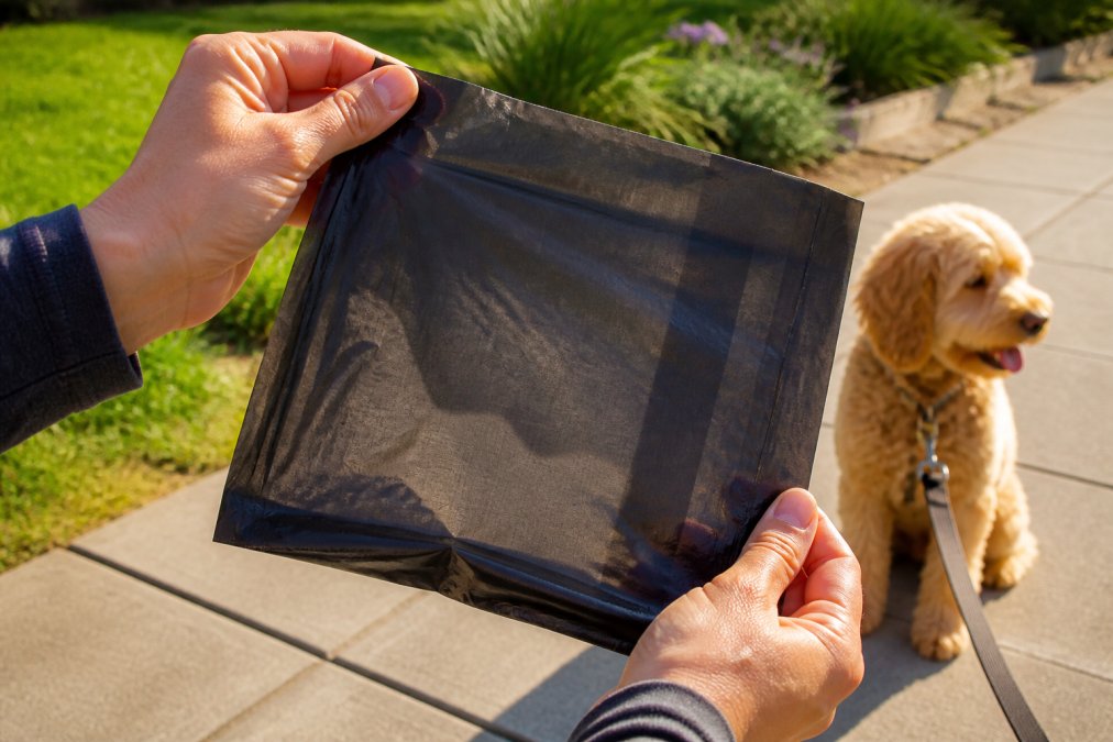 Close-up of hands holding a thick black dog poop bag up to natural light, showing the opacity and thickness of the material, with a dog leash visible in the background on a sunny sidewalk